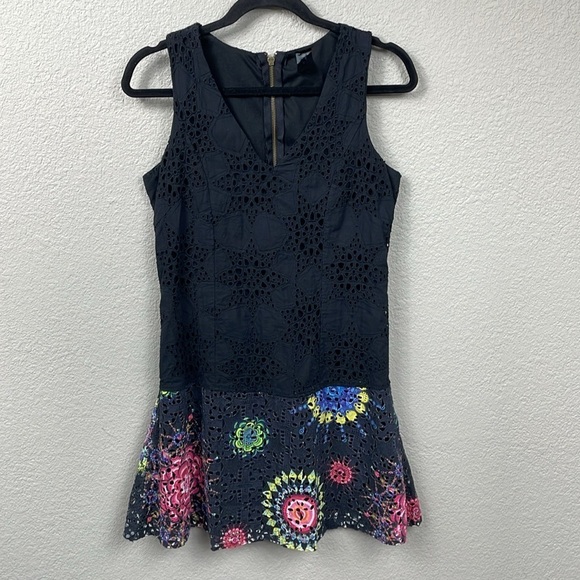 Desigual Eyelet Embroidered Crochet Lace Mini Dress Black Floral Drop Waist - Picture 1 of 10